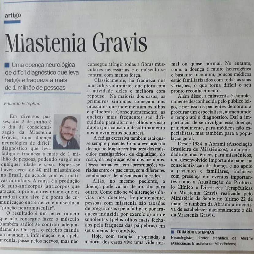 Recorte do Jornal Diário da Região, de São José do Rio Preto, com o título Miastenia Gravis